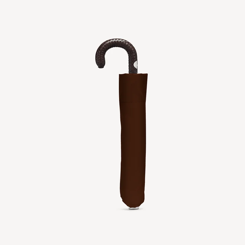 Parapluie pliable avec poignée en cuir tressé - Marron