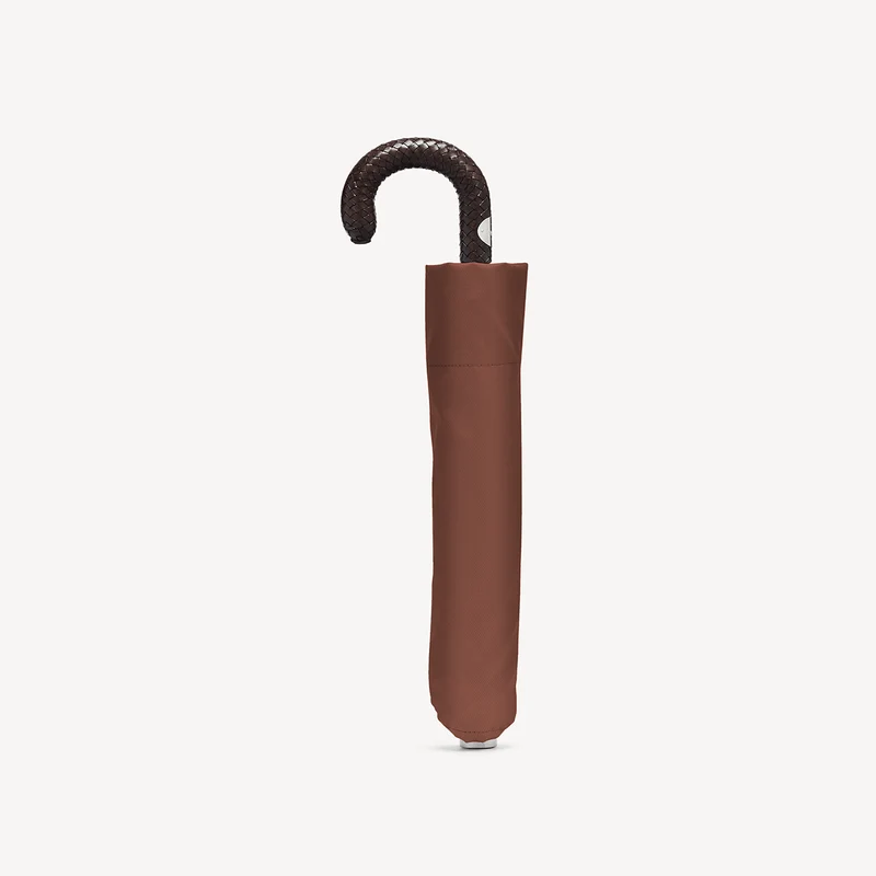 Parapluie pliable avec poignée en cuir tressé - Noisette