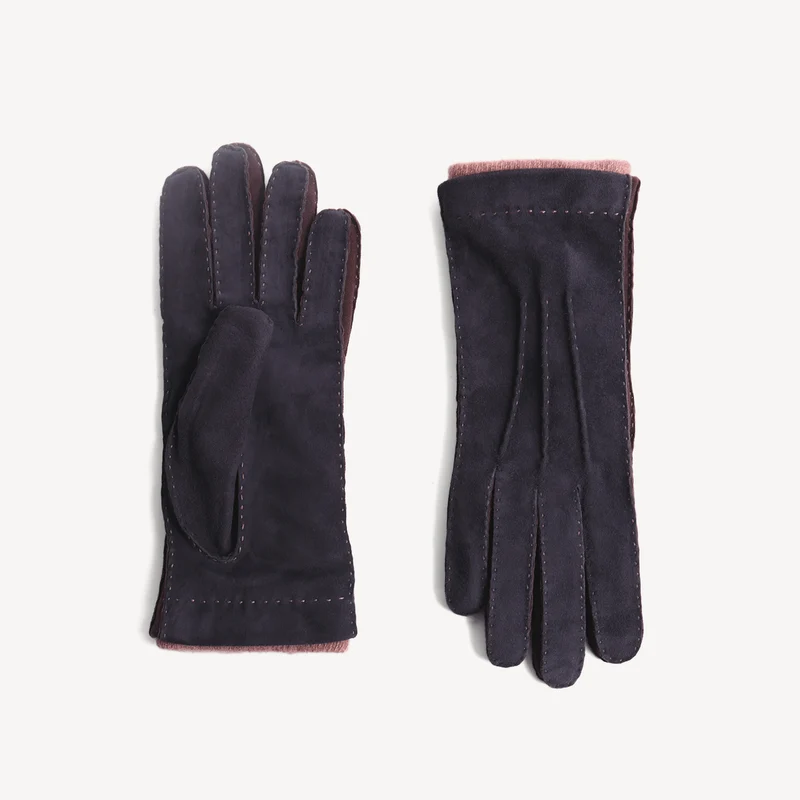 Gants en cuir suédé pour femme - Bleu Marine et Marron