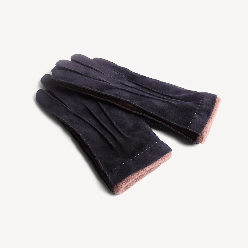 Gants en cuir suédé pour femme - Bleu Marine et Marron