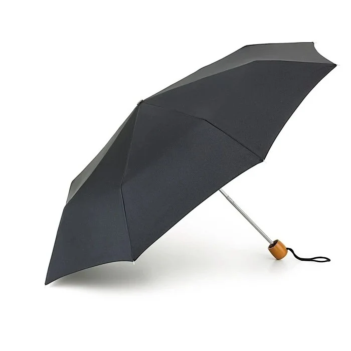 Fulton Stowaway Deluxe Folding Umbrella - Black | Wooden Handle | Wind Resistant | 96cm Span