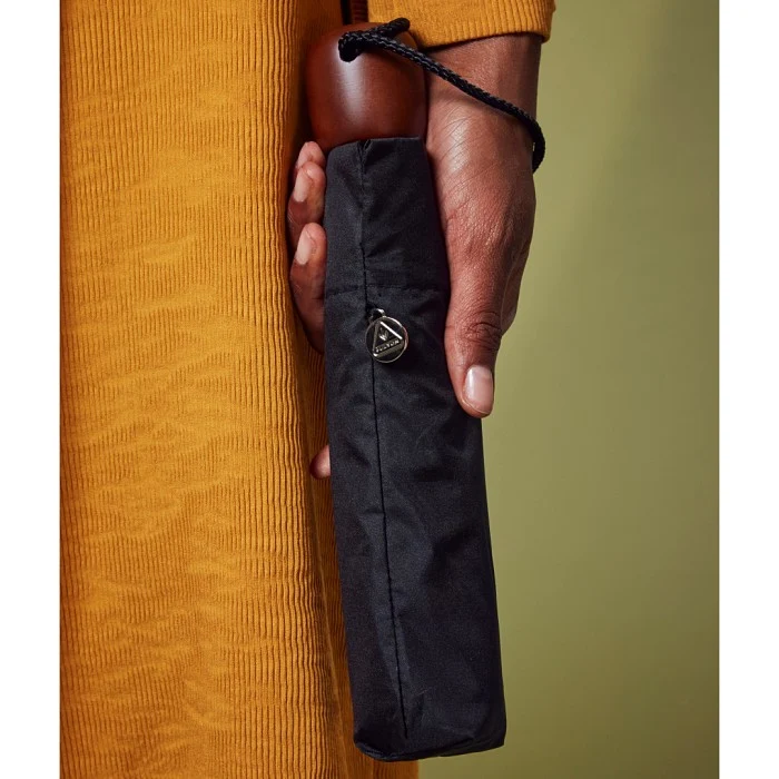 Fulton Stowaway Deluxe Folding Umbrella - Black | Wooden Handle | Wind Resistant | 96cm Span
