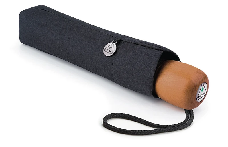 Fulton Stowaway Deluxe Folding Umbrella - Black | Wooden Handle | Wind Resistant | 96cm Span