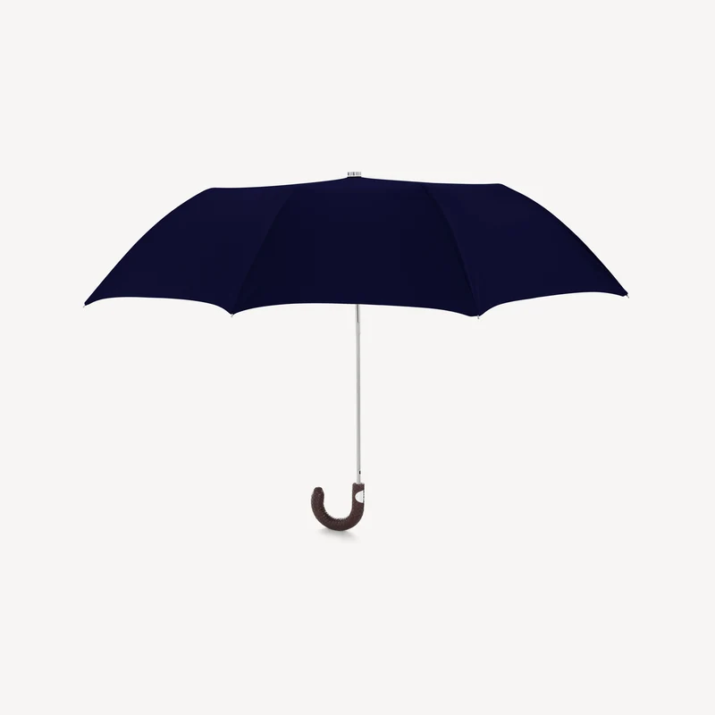 Parapluie pliable à poignée en cuir tressé - Bleu marine