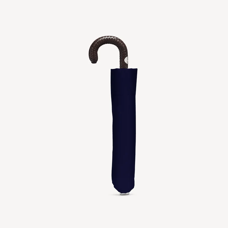 Parapluie pliable à poignée en cuir tressé - Bleu marine