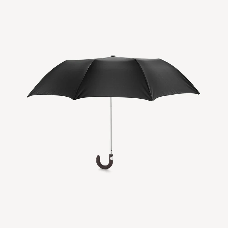 Parapluie pliable avec poignée en cuir tressé - Noir