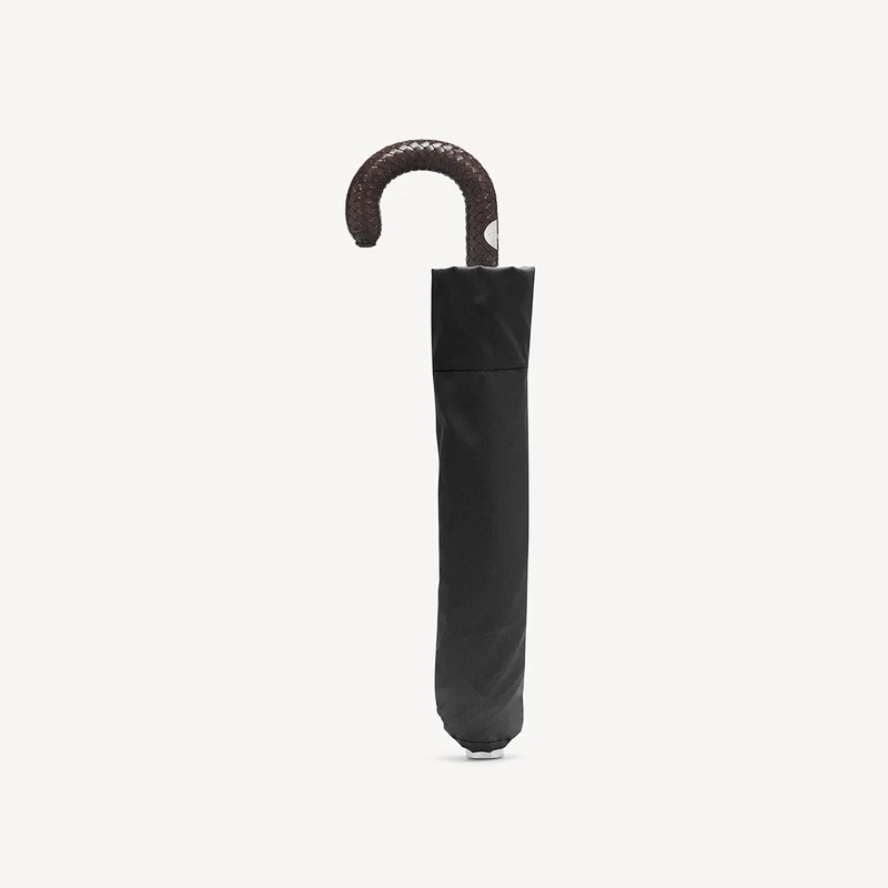 Parapluie pliable avec poignée en cuir tressé - Noir