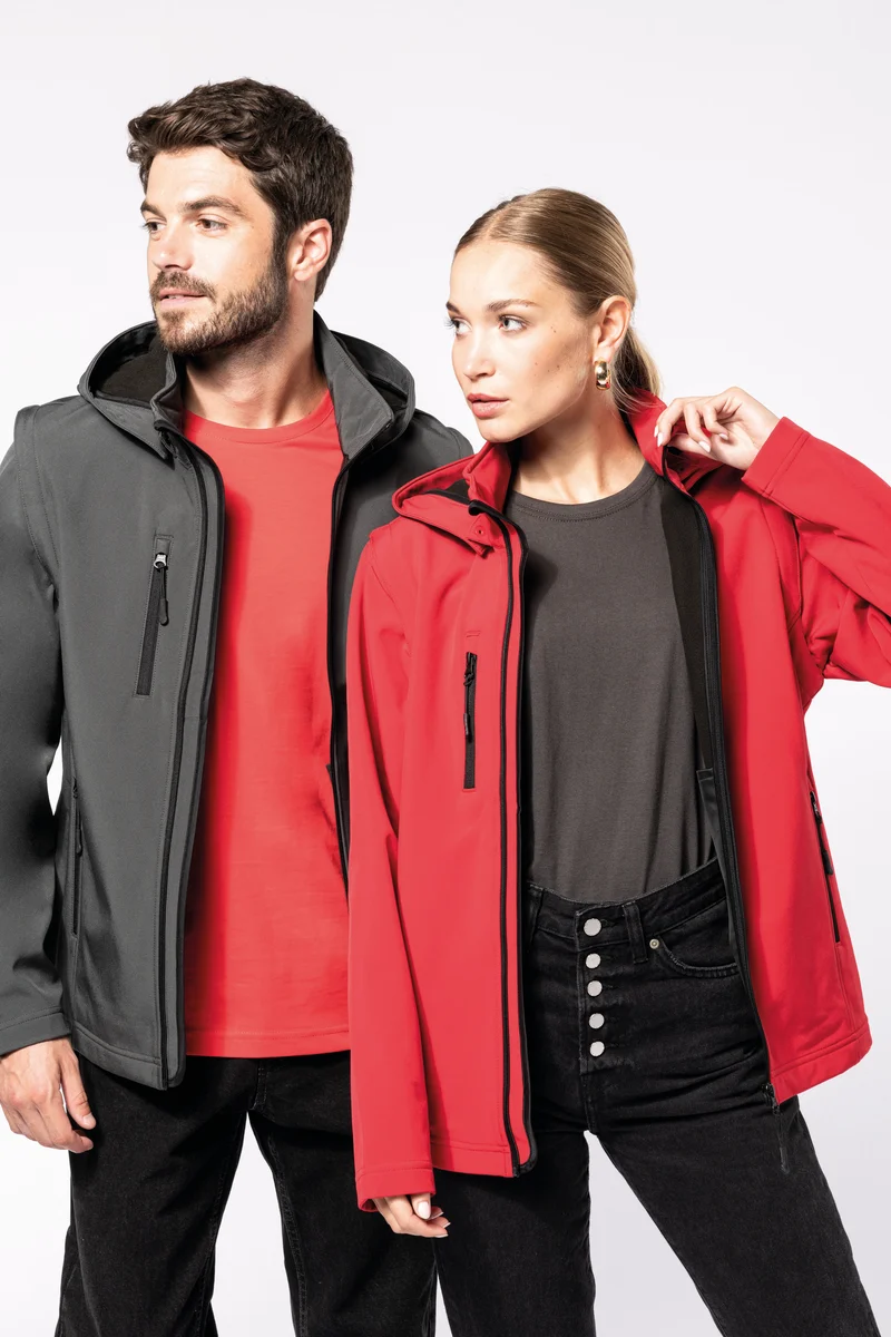 Veste Softshell 3 couches à capuche avec manches amovibles unisexe
