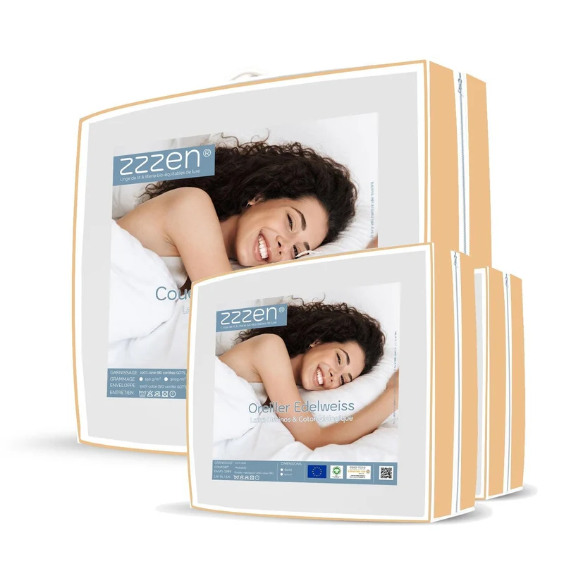 Pack Couette Bi-matière coton et laine bio 4 saisons Edelweiss + oreillers