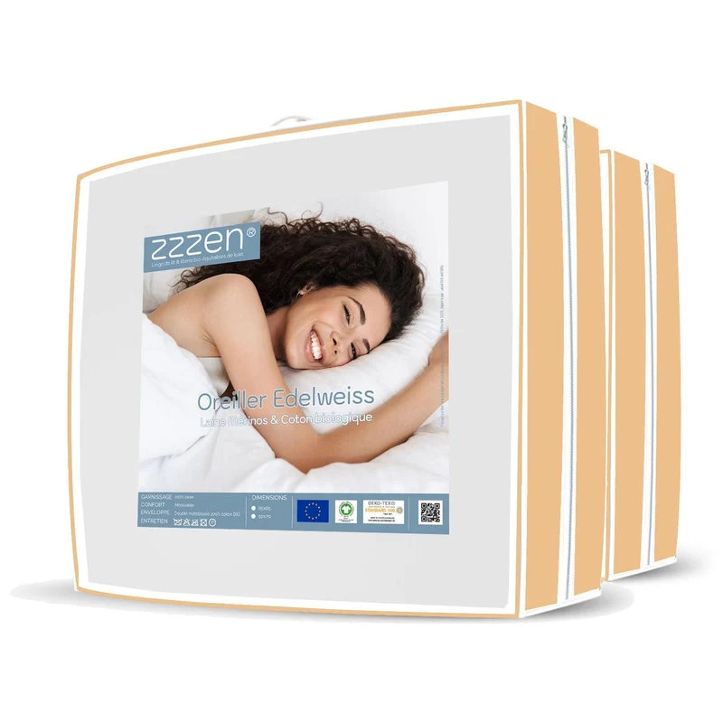 Pack 2 oreillers coton bio et laine confort modulable Edelweiss