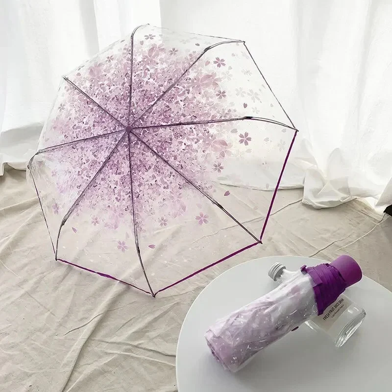Sakura - Parapluie transparent, pliant et compact, motif fleur.