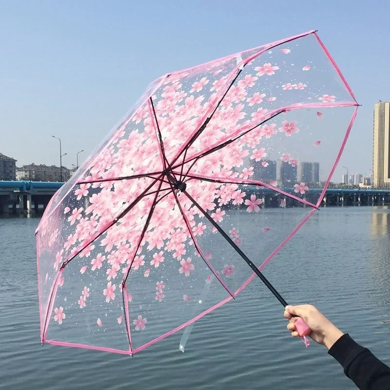 Sakura - Parapluie transparent, pliant et compact, motif fleur.