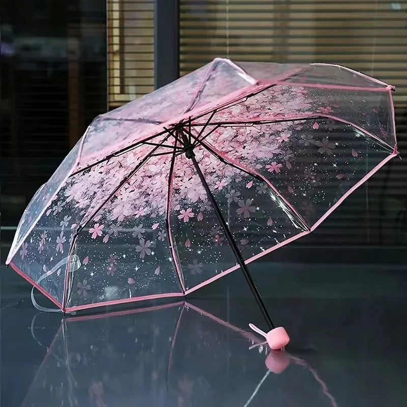 Sakura - Parapluie transparent, pliant et compact, motif fleur.