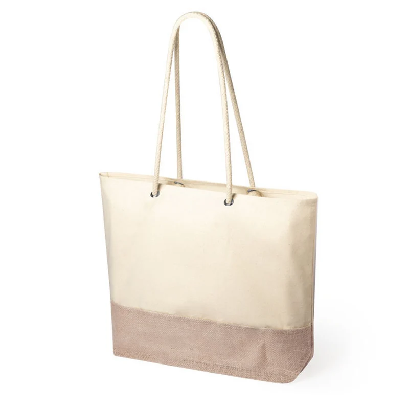 Sac en jute et coton taille 48 x 35 + 15 cm, avec finition cousue et longues poignées renforcées de 90 cm de long en coton BITALEX
