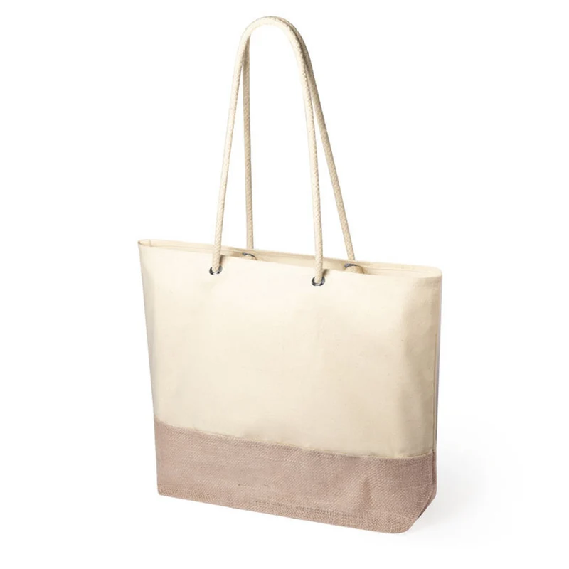 Sac en jute et coton taille 48 x 35 + 15 cm, avec finition cousue et longues poignées renforcées de 90 cm de long en coton BITALEX
