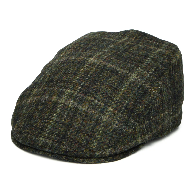 Casquette Plate Avec Protège-Oreilles en HARRIS TWEED à Carreaux Oban mousse foncé FAILSWORTH