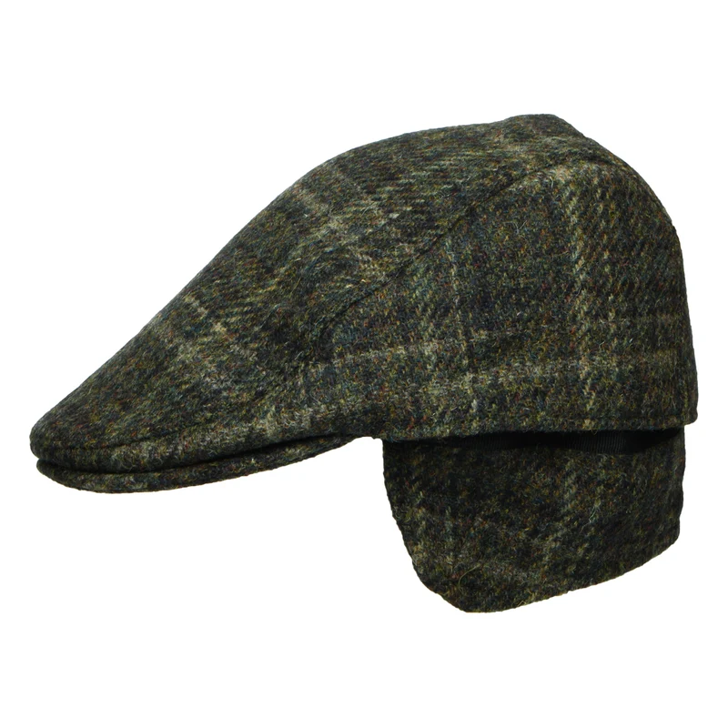 Casquette Plate Avec Protège-Oreilles en HARRIS TWEED à Carreaux Oban mousse foncé FAILSWORTH