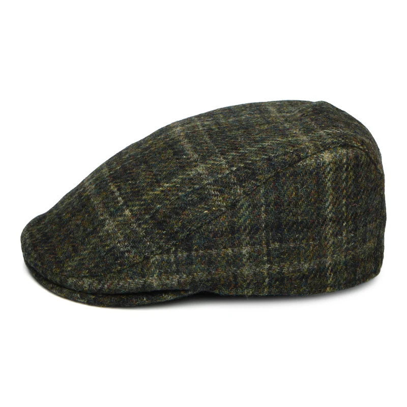 Casquette Plate Avec Protège-Oreilles en HARRIS TWEED à Carreaux Oban mousse foncé FAILSWORTH