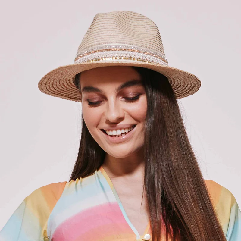 Chapeau Fedora en Paille Toyo avec Bandeau à Sequins naturel-marron clair SEEBERGER