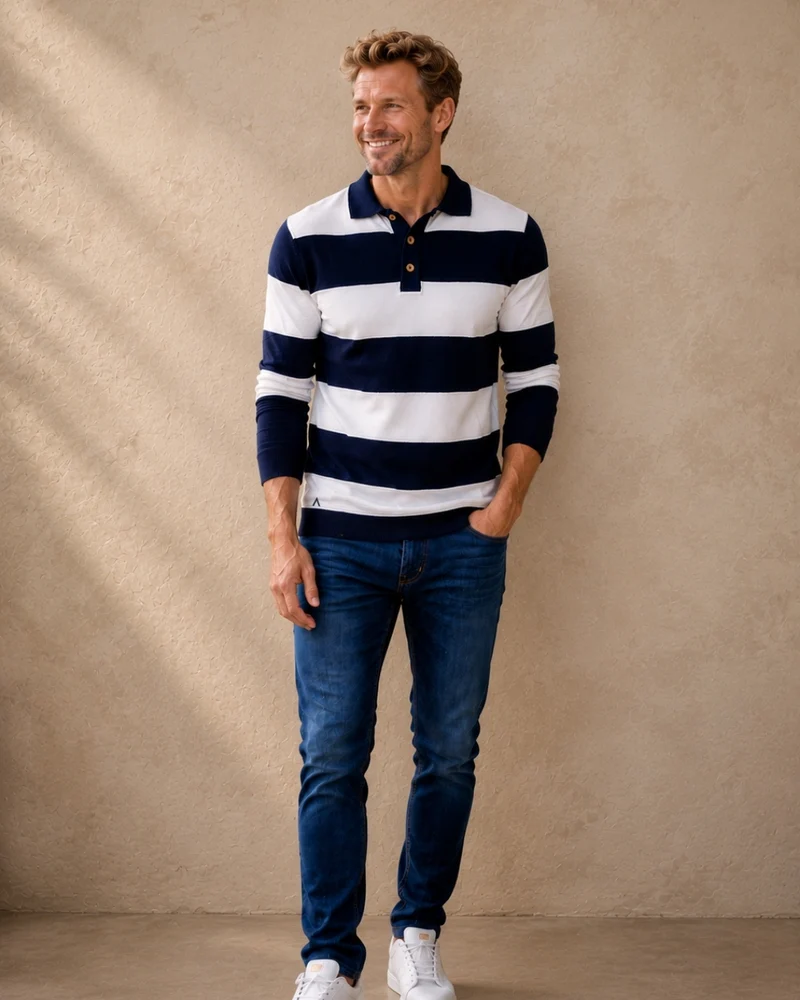 PULL RENÉ | BLEU MARINE RAYÉ BLANC | COTON BIO