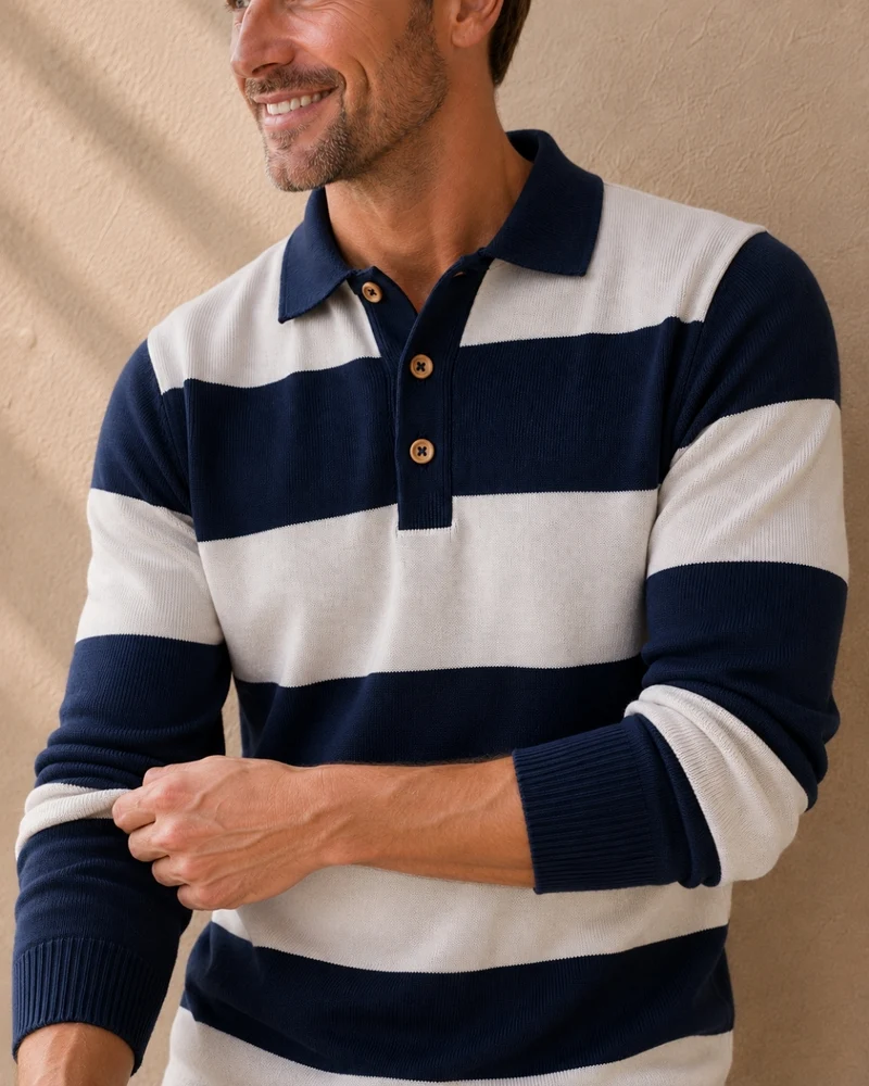 PULL RENÉ | BLEU MARINE RAYÉ BLANC | COTON BIO