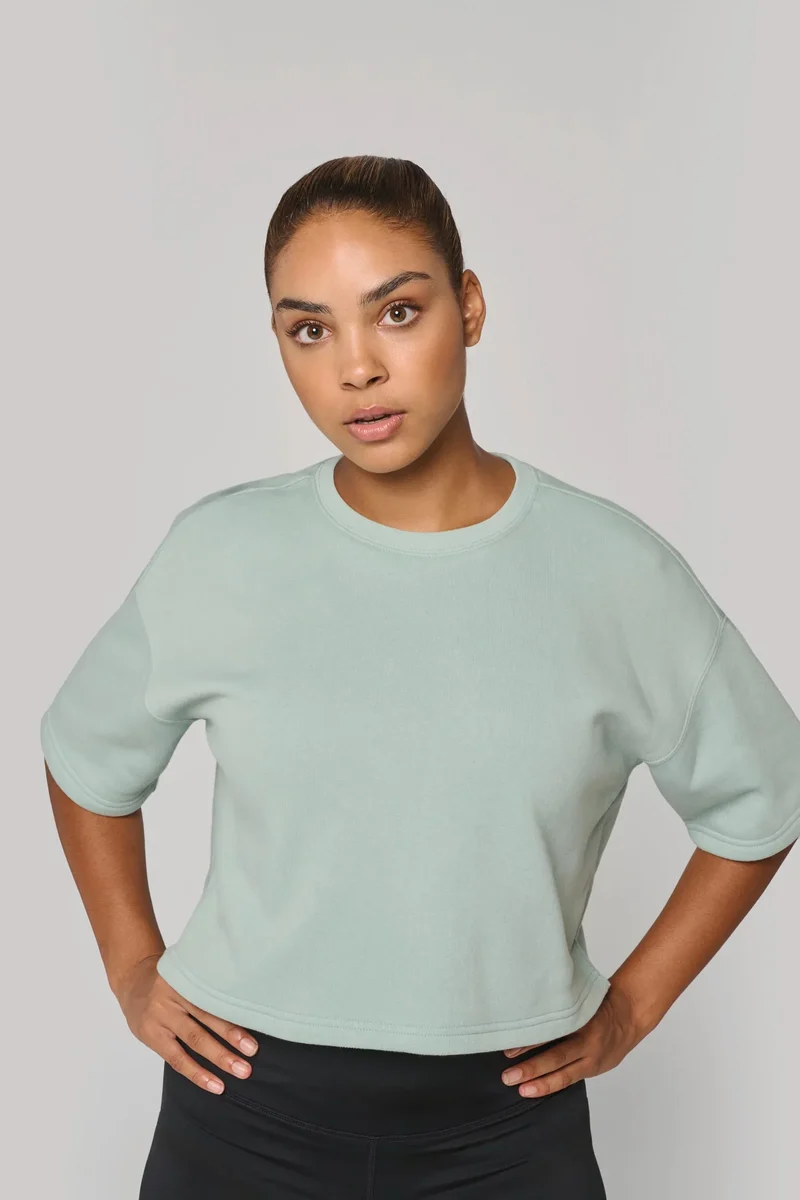 PA394 - Sweat-shirt crop à manches courtes col rond femme