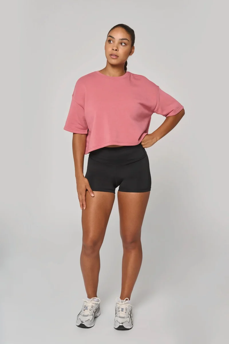 PA394 - Sweat-shirt crop à manches courtes col rond femme