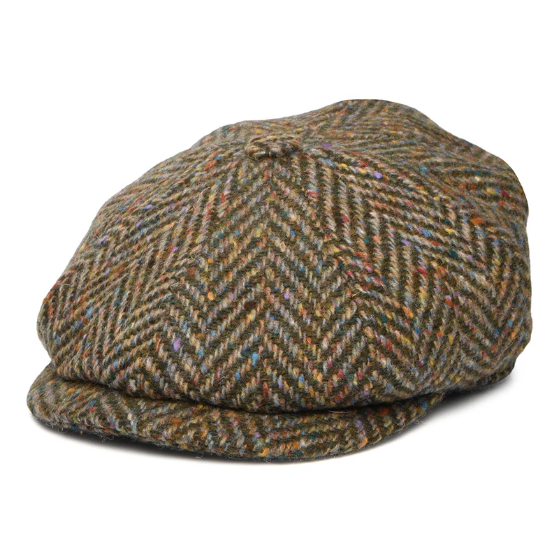 Casquette Gavroche en Tweed du Donegal à Chevrons Calotte Profonde olive CITY SPORT