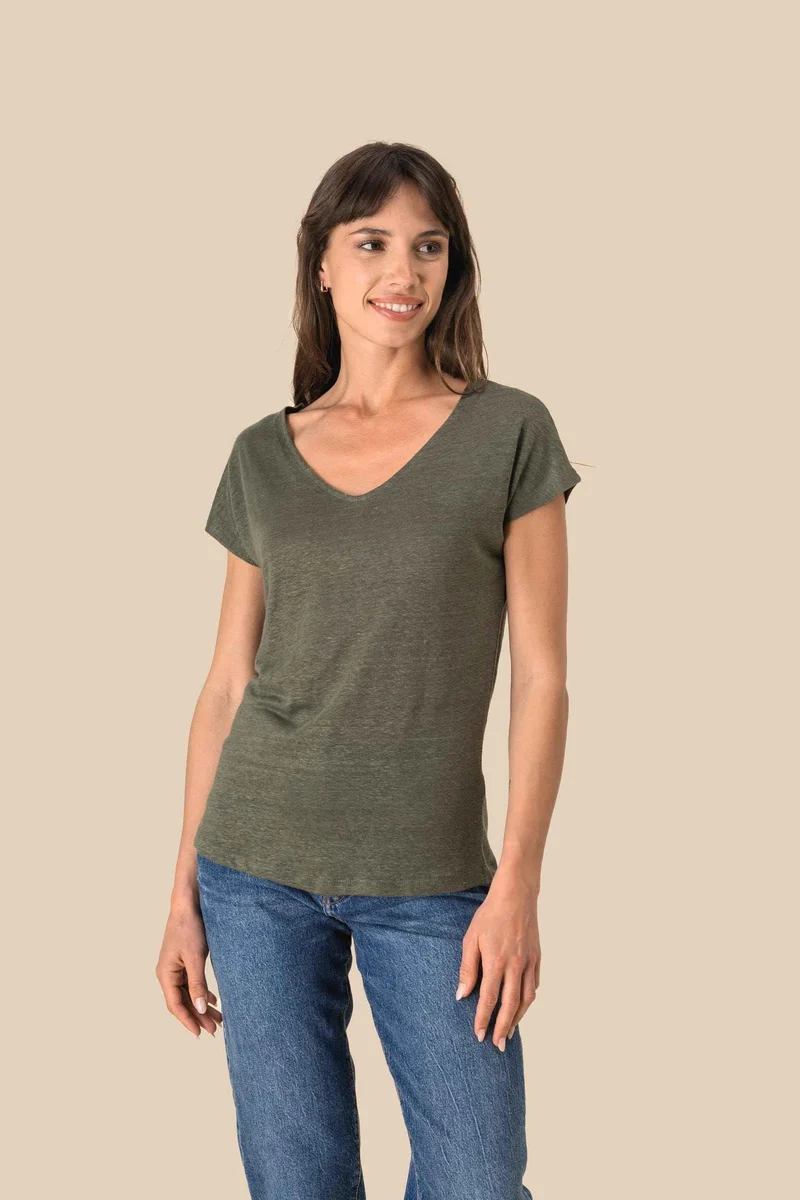 SP321 - T-shirt col V en lin femme