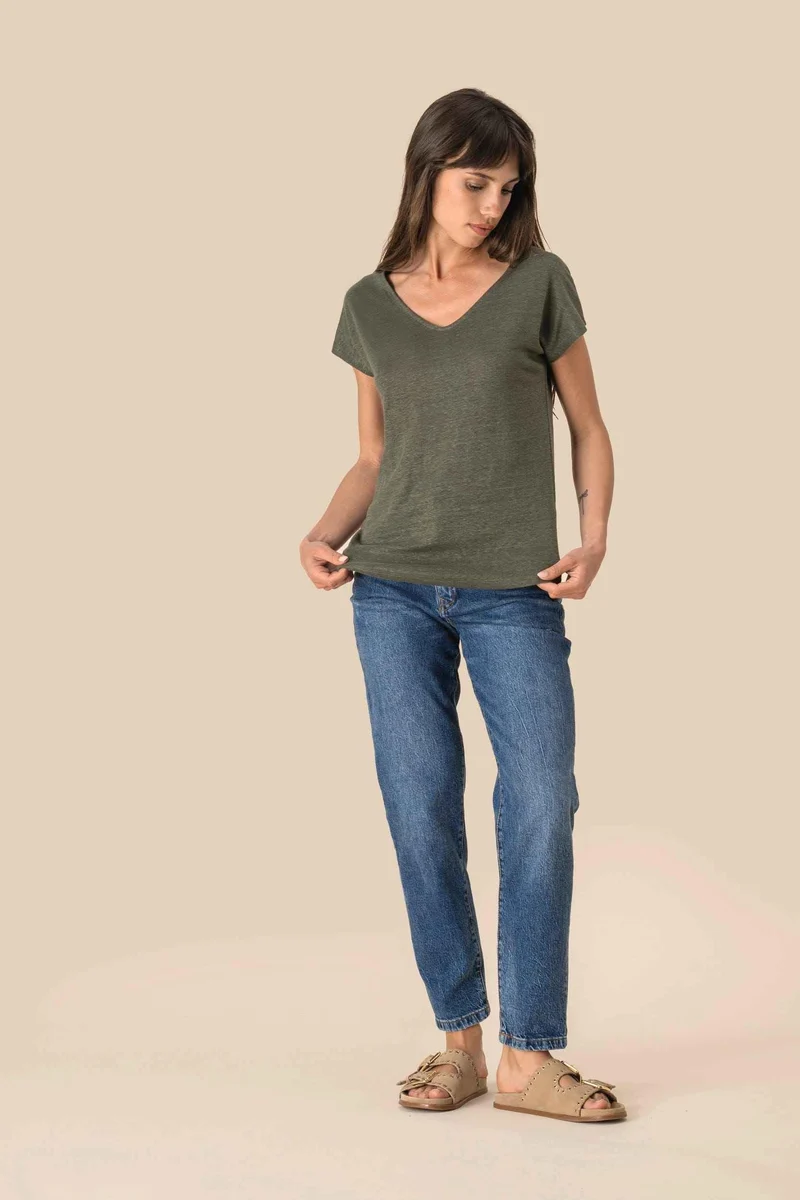 SP321 - T-shirt col V en lin femme