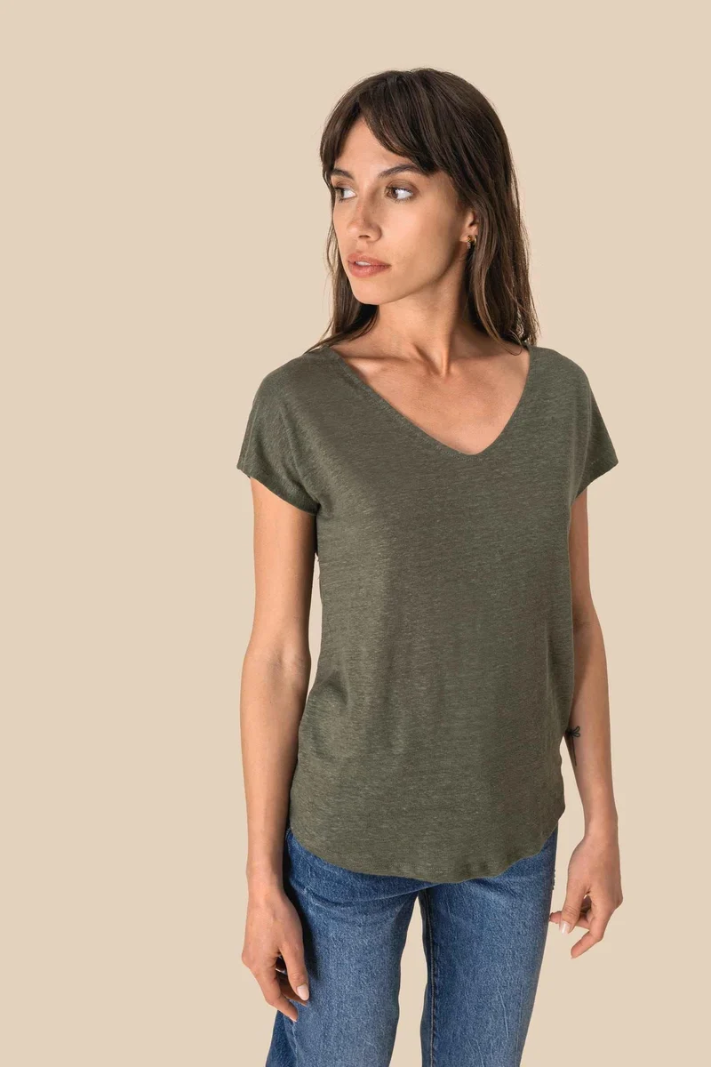 SP321 - T-shirt col V en lin femme