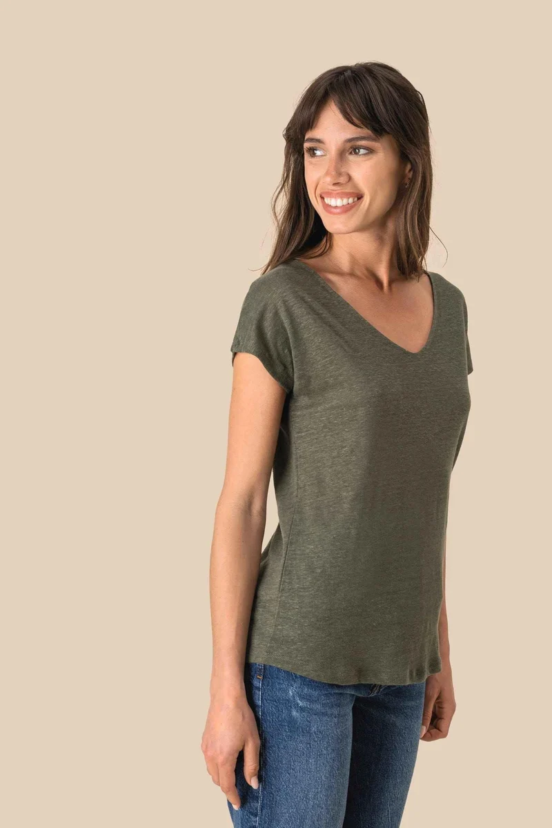SP321 - T-shirt col V en lin femme