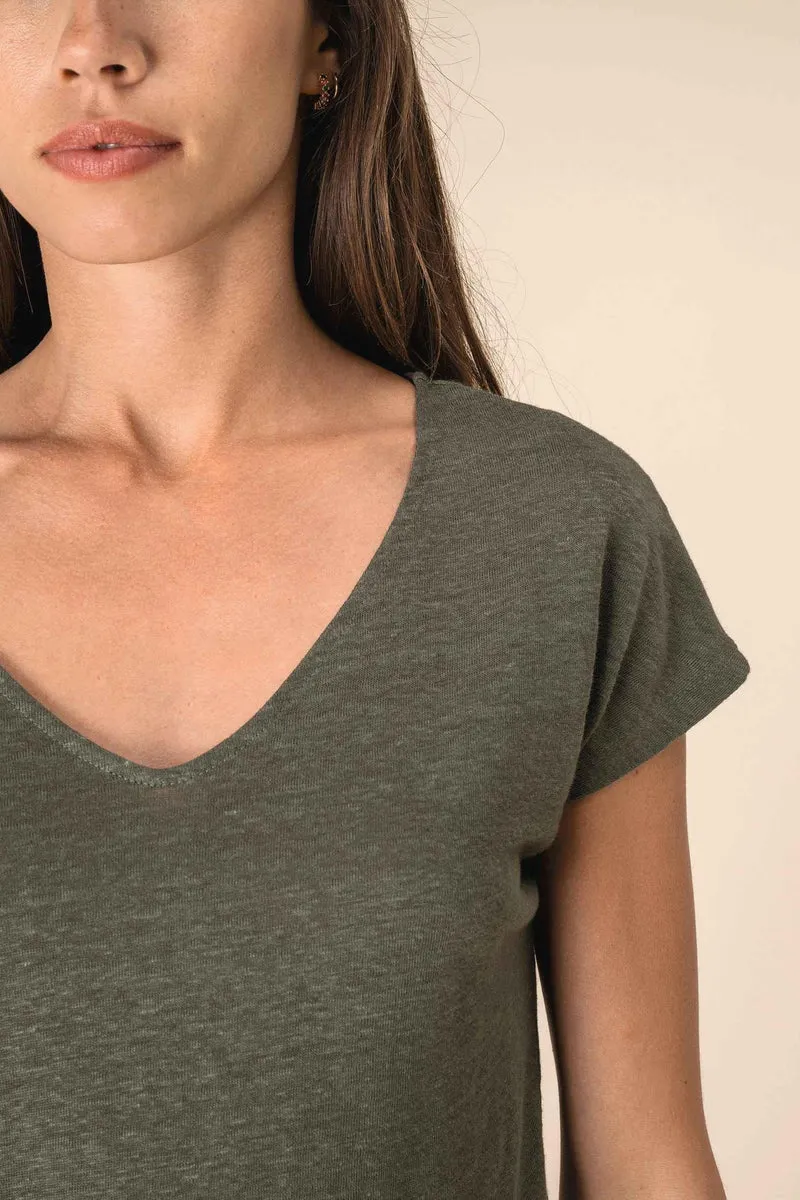 SP321 - T-shirt col V en lin femme