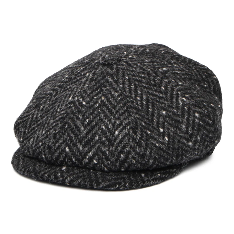 Casquette Gavroche en Tweed du Donegal à Chevrons Calotte Profonde noir-anthracite CITY SPORT