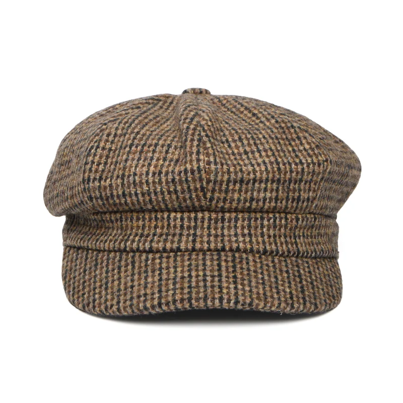 Casquette Gavroche en Laine Mélangée Micro Pied-de-Poule marron WHITELEY