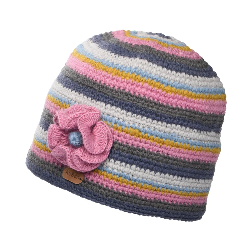 Bonnet en Crochet à Fleur gris-rose KUSAN