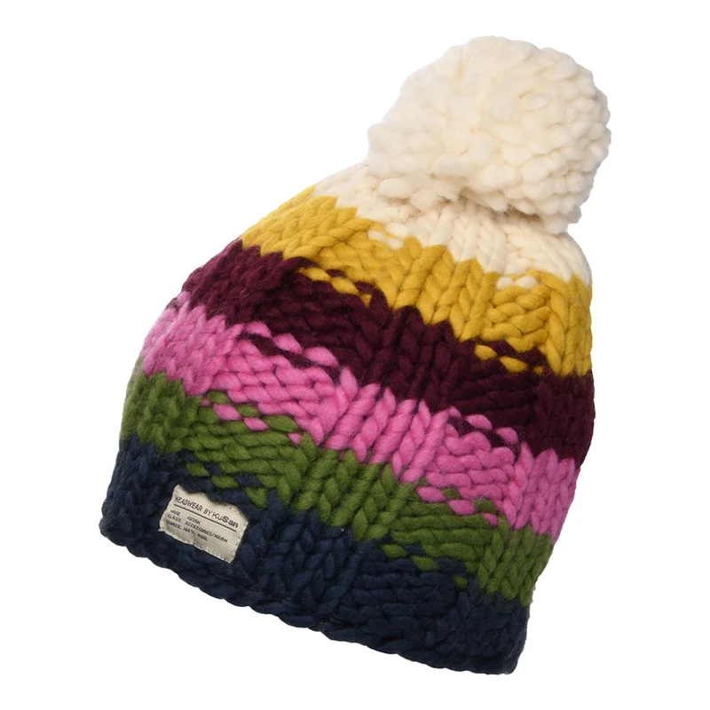 Bonnet à Pompon en Laine Point de Riz Arc-en-Ciel denim-multicolore KUSAN