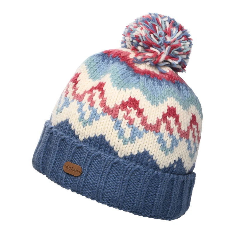 Bonnet à Pompon et à Revers Vague bleu denim-crème KUSAN