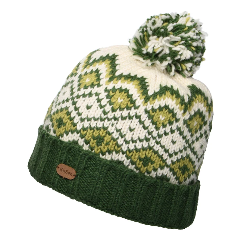 Bonnet à Pompon et à Revers Losanges vert-crème KUSAN