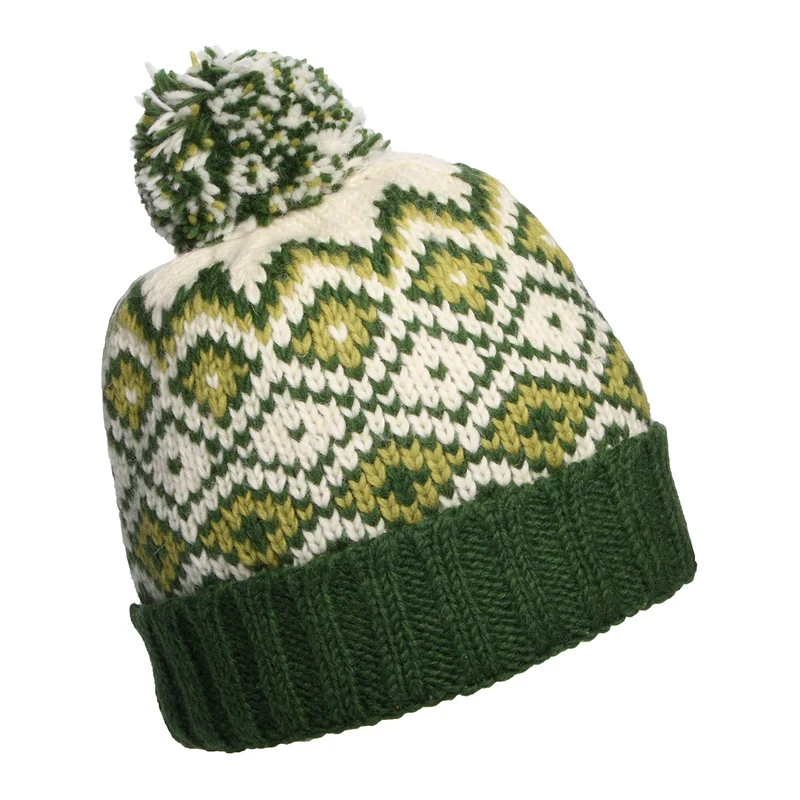 Bonnet à Pompon et à Revers Losanges vert-crème KUSAN