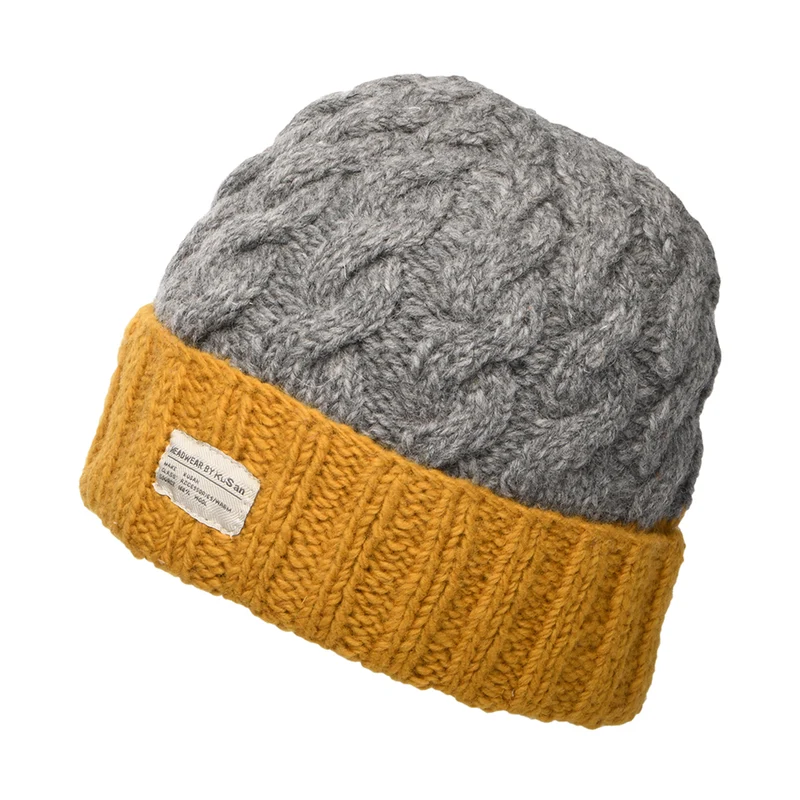Bonnet à Revers et à Torsades Bicolore gris-jaune KUSAN