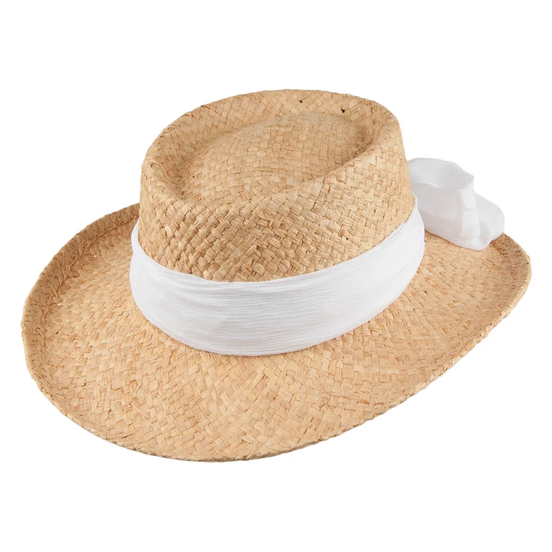 Chapeau Gambler avec Nœud Porquerolles en Raphia naturel et blanc SCALA