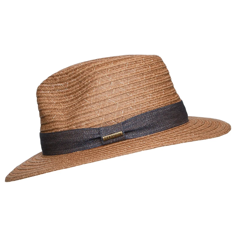 Chapeau Fedora en Paille Toyo Traveller marron clair-bleu STETSON