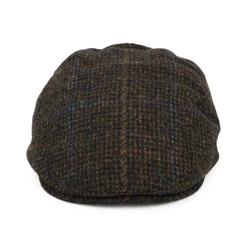 Casquette Plate en HARRIS TWEED à Carreaux Stornoway olive et mix de couleurs FAILSWORTH