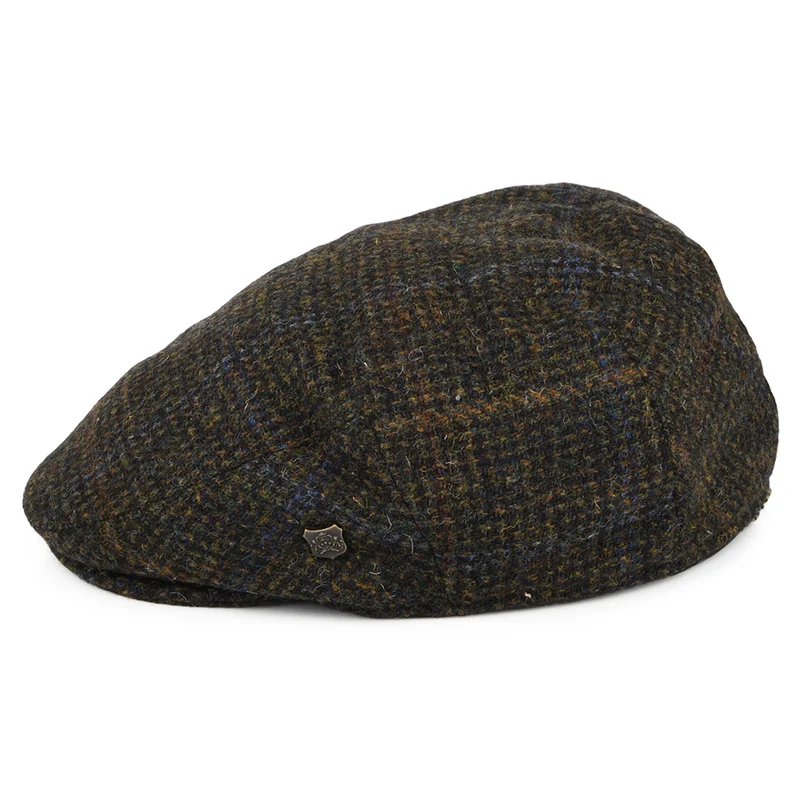 Casquette Plate en HARRIS TWEED à Carreaux Stornoway olive et mix de couleurs FAILSWORTH