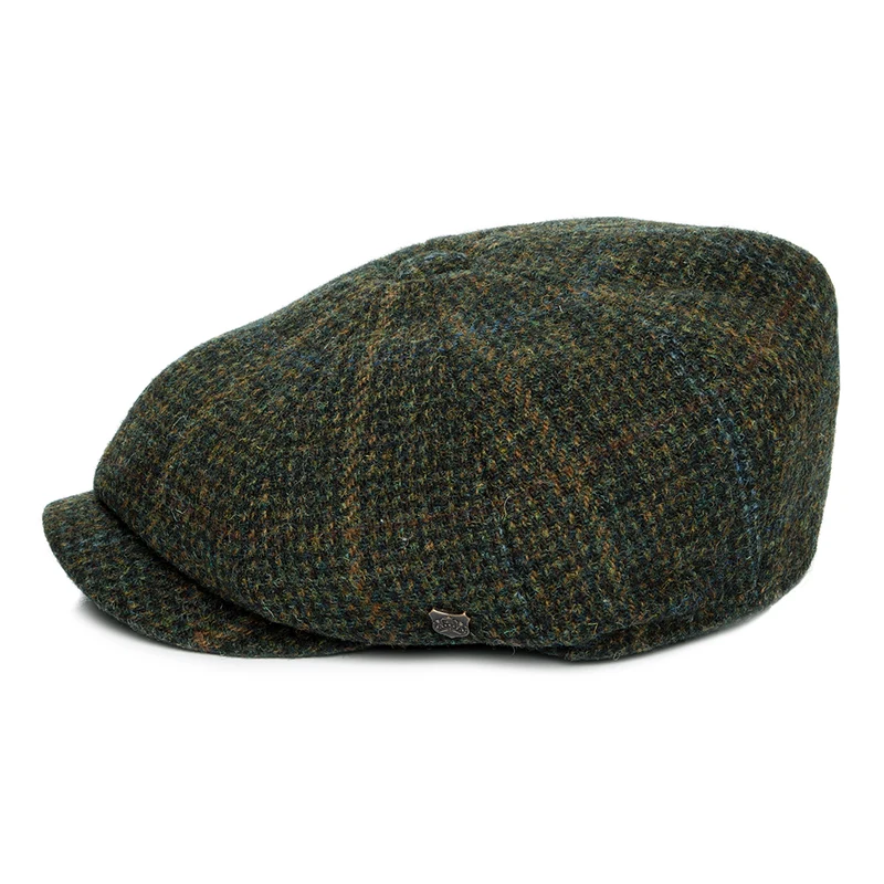 Casquette Gavroche en HARRIS TWEED à Carreaux Carloway olive et mix de couleurs FAILSWORTH