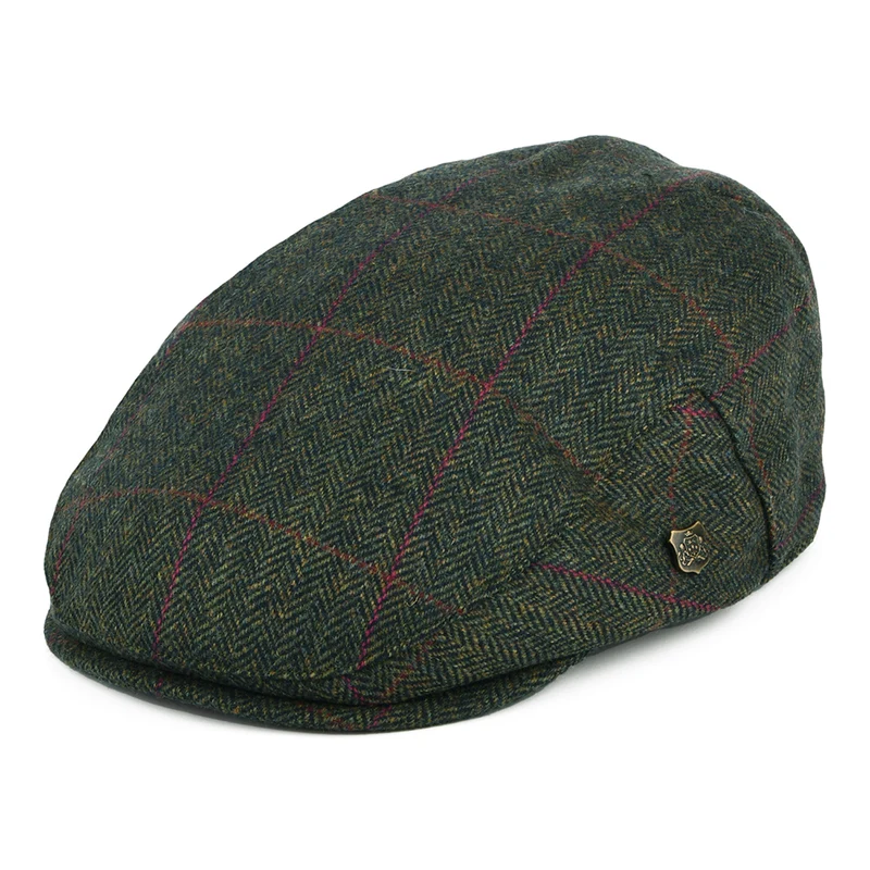 Casquette Plate en Laine Britannique à Carreaux et Chevrons Cambridge olive foncé FAILSWORTH