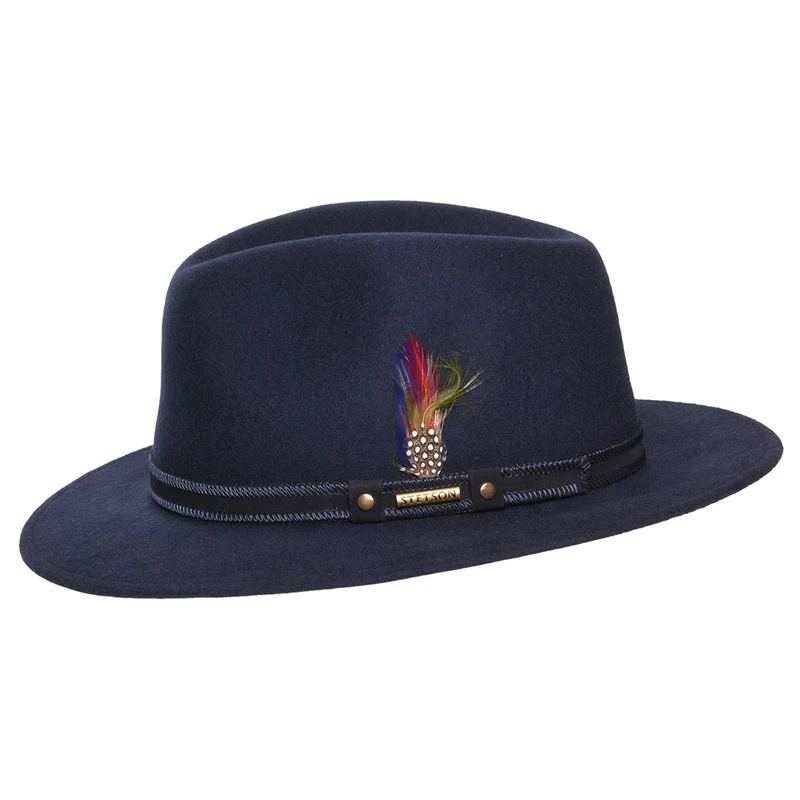 Chapeau Fedora Safari en Laine Feutrée Hydrofuge Tenvelco Traveller bleu marine STETSON