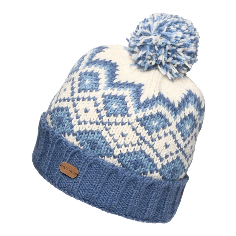 Bonnet à Pompon et à Revers Losanges bleu-crème KUSAN