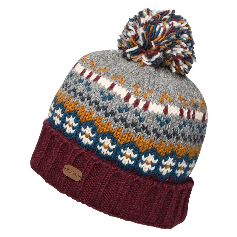 Bonnet à Pompon Fair Isle Mosaic prune-gris KUSAN
